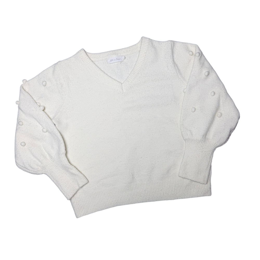All in Favor V-Neck Sweater Womens M Ivory Bobble Sleeve Coquette Chic Cozycore